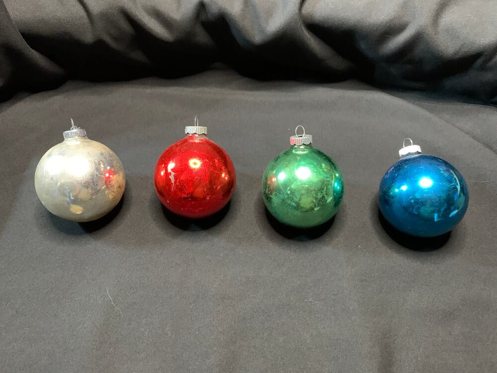 Vintage Shiny Brite Glass Christmas Ornaments Lot 4 Red Green Blue Silver USA